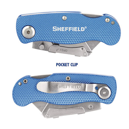 Image of Great Neck® Sheffield Folding Lockback Knife, 1 Utility Blade, 2" Blade, 3.5" Aluminum Handle, Blue