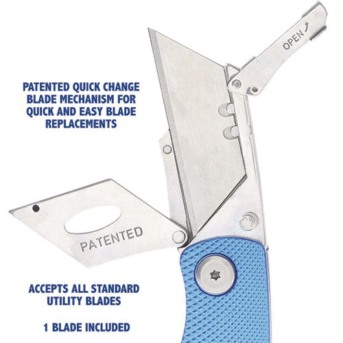 Image of Great Neck® Sheffield Folding Lockback Knife, 1 Utility Blade, 2" Blade, 3.5" Aluminum Handle, Blue