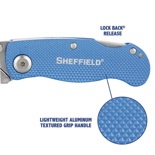 Image of Great Neck® Sheffield Folding Lockback Knife, 1 Utility Blade, 2" Blade, 3.5" Aluminum Handle, Blue