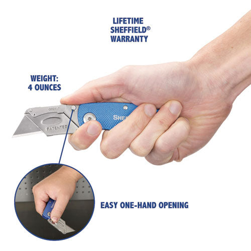 Image of Great Neck® Sheffield Folding Lockback Knife, 1 Utility Blade, 2" Blade, 3.5" Aluminum Handle, Blue