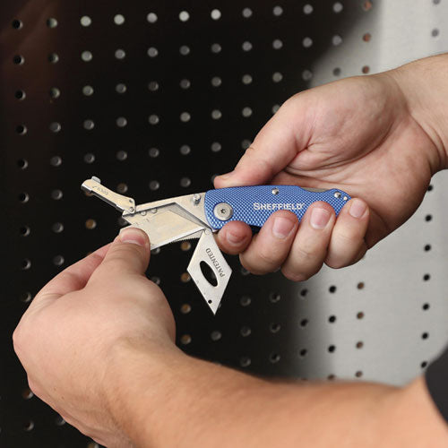 Image of Great Neck® Sheffield Folding Lockback Knife, 1 Utility Blade, 2" Blade, 3.5" Aluminum Handle, Blue