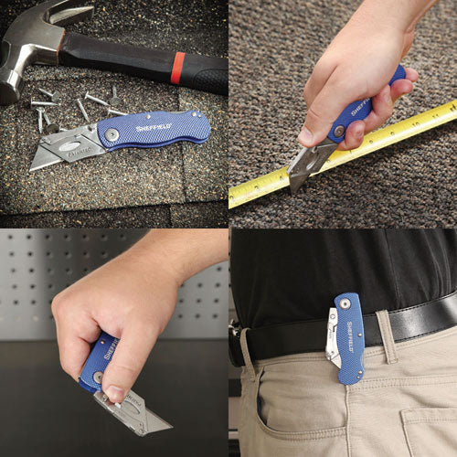Image of Great Neck® Sheffield Folding Lockback Knife, 1 Utility Blade, 2" Blade, 3.5" Aluminum Handle, Blue