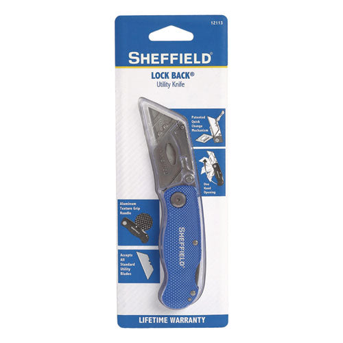 Image of Great Neck® Sheffield Folding Lockback Knife, 1 Utility Blade, 2" Blade, 3.5" Aluminum Handle, Blue