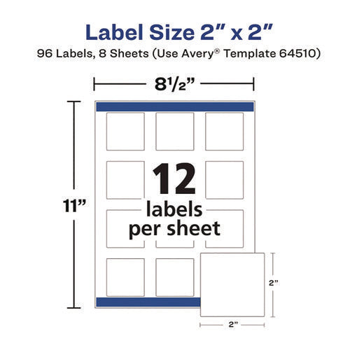 Image of Avery® Laser/Inkjet Multipurpose Label, 2 x 2, White, 12/Sheet, 8 Sheets/Pack