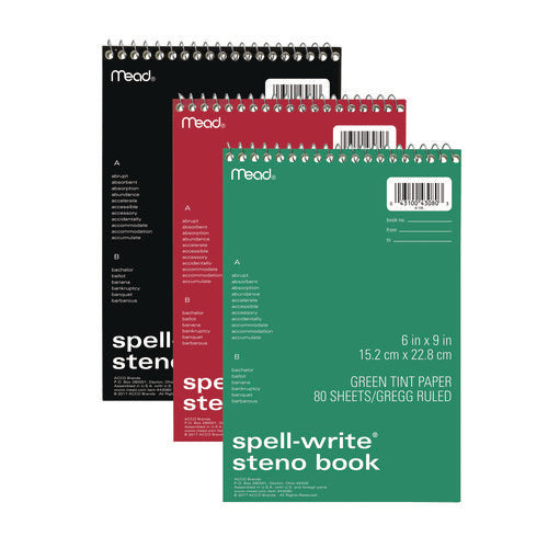 Image of Mead® Spell-Write Wirebound Steno Pad, Gregg Rule, Randomly Assorted Cover Colors, 80 Green 6 x 9 Sheets