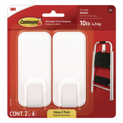 Image of Command X-Large Utility Hooks, Plastic, White, 10 lb Capacity, 2 Hooks and 6 Strips/Pack