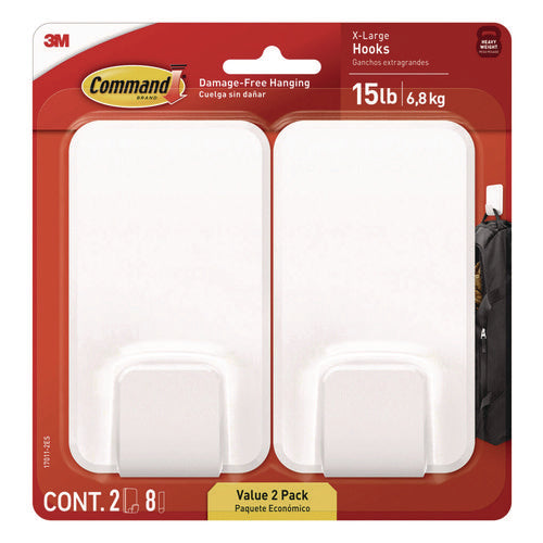 Image of Command X-large Utility Hooks, Plastic, White, 15 lb Capacity, 2 Hooks and 8 Strips/Pack