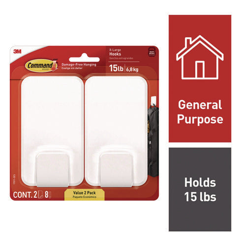 Image of Command X-large Utility Hooks, Plastic, White, 15 lb Capacity, 2 Hooks and 8 Strips/Pack