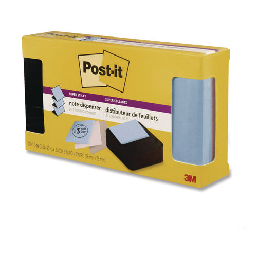 Image of Post-it® Pop-up Notes Wave Design Dispenser with Notes, For 3 x 3 Pads, Includes (3) 90-Sheet Simply Serene Collection Colors Pop-up Pads, Black