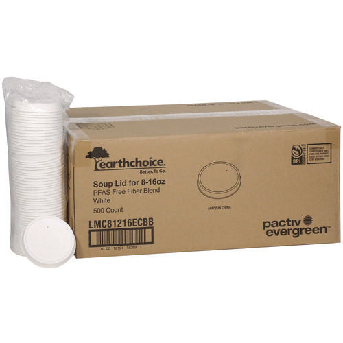 Image of Pactiv Evergreen EarthChoice PFAS-Free Compostable Soup Cup Lid, For 8 oz to 16 oz Soup Cups, 4" Diameter, White, Sugarcane, 500/Carton