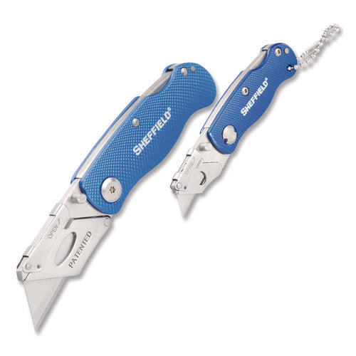 Image of Sheffield Folding Lock Back Utility Knife Set, 1 Standard, 1 Mini, Blue