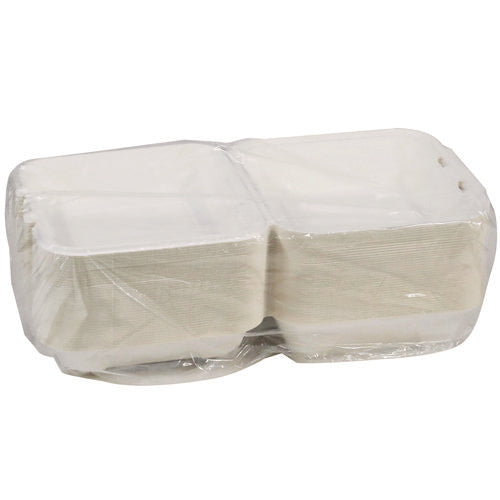 Image of Pactiv Evergreen EarthChoice PFAS Free Compostable Hinged Lid Container, 9 x 9 x 3, White, Sugarcane, 150/Carton