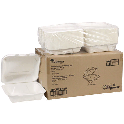 Image of Pactiv Evergreen EarthChoice PFAS Free Compostable Hinged Lid Container, 9 x 9 x 3, White, Sugarcane, 150/Carton