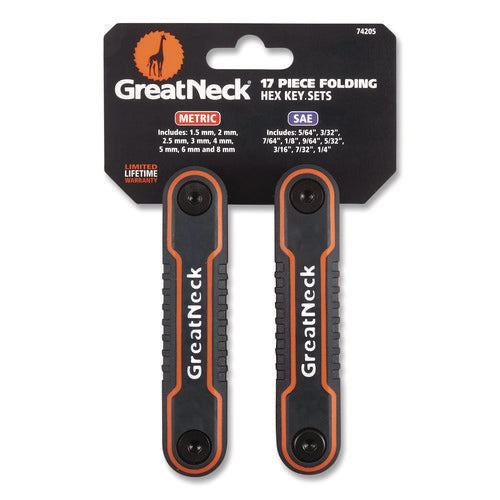 Image of Great Neck® Hex Key Fold-Up Tool Set, Two-Piece, Metric/SAE, Black-Oxide/Blue (SAE), Black-Oxide/Red (Metric)