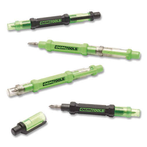 Image of OEMTOOLS® 6-Way Pen-Style Screw/Nut Driver, Phillips/Slotted Bits, Metric Sockets, 5.38" Long, Black/Green, Green/Clear, 4/Pack