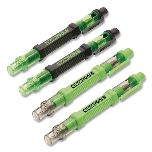 Image of OEMTOOLS® 6-Way Pen-Style Screw/Nut Driver, Phillips/Slotted Bits, Metric Sockets, 5.38" Long, Black/Green, Green/Clear, 4/Pack