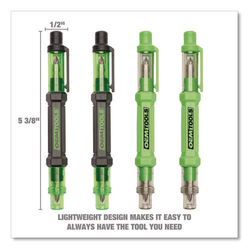 Image of OEMTOOLS® 6-Way Pen-Style Screw/Nut Driver, Phillips/Slotted Bits, Metric Sockets, 5.38" Long, Black/Green, Green/Clear, 4/Pack