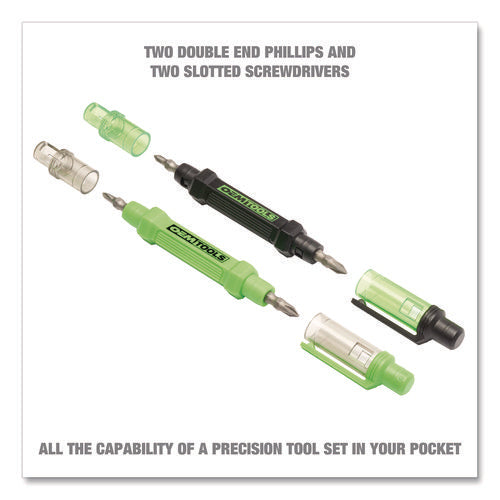 Image of OEMTOOLS® 6-Way Pen-Style Screw/Nut Driver, Phillips/Slotted Bits, Metric Sockets, 5.38" Long, Black/Green, Green/Clear, 4/Pack