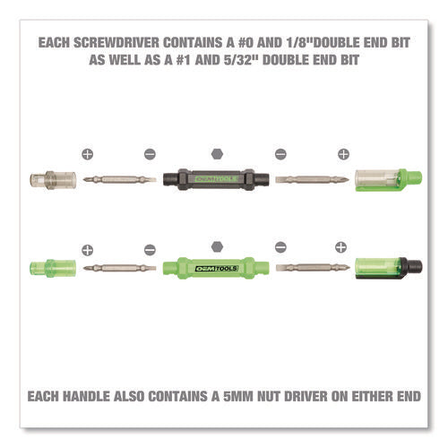 Image of OEMTOOLS® 6-Way Pen-Style Screw/Nut Driver, Phillips/Slotted Bits, Metric Sockets, 5.38" Long, Black/Green, Green/Clear, 4/Pack