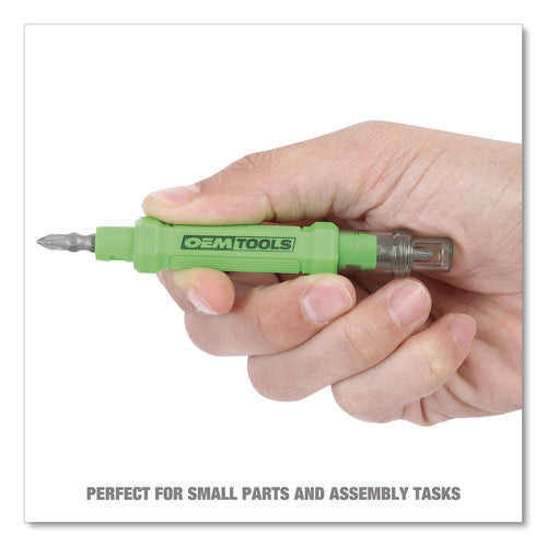 Image of OEMTOOLS® 6-Way Pen-Style Screw/Nut Driver, Phillips/Slotted Bits, Metric Sockets, 5.38" Long, Black/Green, Green/Clear, 4/Pack