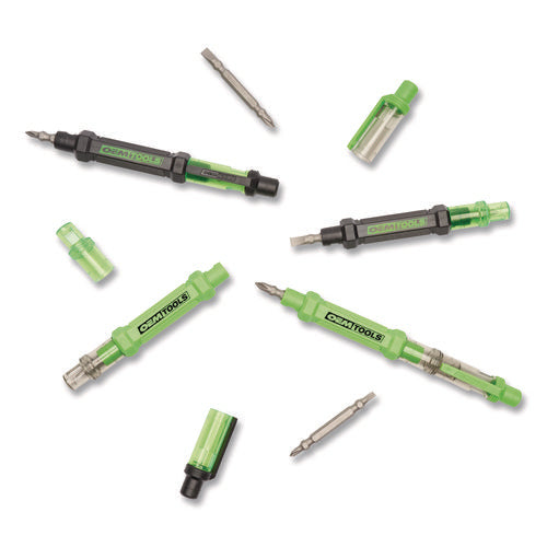 Image of OEMTOOLS® 6-Way Pen-Style Screw/Nut Driver, Phillips/Slotted Bits, Metric Sockets, 5.38" Long, Black/Green, Green/Clear, 4/Pack