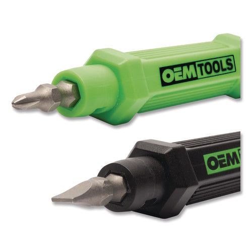 Image of OEMTOOLS® 6-Way Pen-Style Screw/Nut Driver, Phillips/Slotted Bits, Metric Sockets, 5.38" Long, Black/Green, Green/Clear, 4/Pack