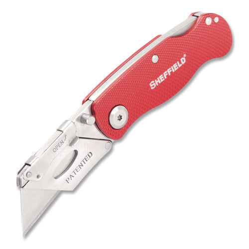 Image of Sheffield Quick Change Lock Back Utility Knife, 1.25" Blade, 3.5" Aluminum Handle, Red