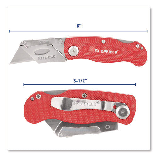 Image of Sheffield Quick Change Lock Back Utility Knife, 1.25" Blade, 3.5" Aluminum Handle, Red