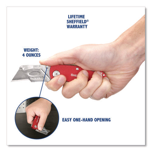 Image of Sheffield Quick Change Lock Back Utility Knife, 1.25" Blade, 3.5" Aluminum Handle, Red