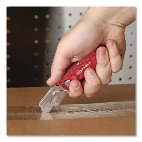 Image of Sheffield Quick Change Lock Back Utility Knife, 1.25" Blade, 3.5" Aluminum Handle, Red