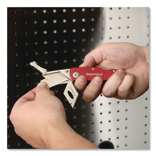 Image of Sheffield Quick Change Lock Back Utility Knife, 1.25" Blade, 3.5" Aluminum Handle, Red