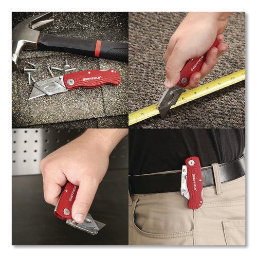 Image of Sheffield Quick Change Lock Back Utility Knife, 1.25" Blade, 3.5" Aluminum Handle, Red