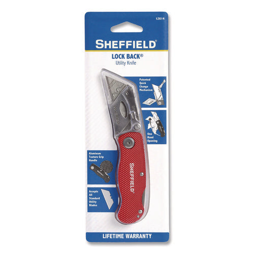 Image of Sheffield Quick Change Lock Back Utility Knife, 1.25" Blade, 3.5" Aluminum Handle, Red