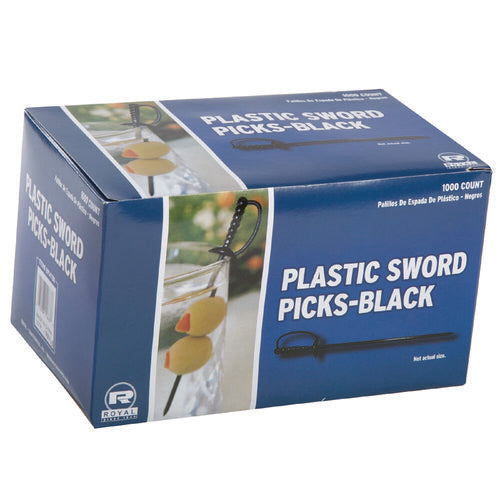 Image of AmerCareRoyal® Sword Picks, Plastic, 6", Black, 1,000/Box, 10 Boxes/Carton