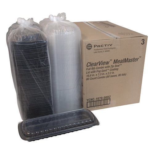 Image of Pactiv Evergreen MealMaster Rib Container Base/Lid, 16.6 x 7.3 x 2.3, Black/Clear, Plastic, 80/Carton