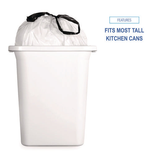 Image of Boardwalk® Drawstring Kitchen Bags, Drawstring, 13 gal, 24" x 28", White, 50 Bags/Roll, 2 Rolls/Carton