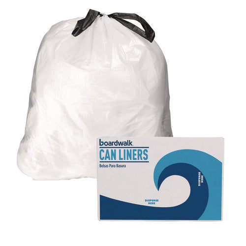 Image of Boardwalk® Drawstring Kitchen Bags, Drawstring, 13 gal, 24" x 28", White, 50 Bags/Roll, 2 Rolls/Carton