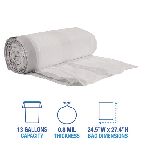 Image of Boardwalk® Drawstring Kitchen Bags, Drawstring, 13 gal, 24" x 28", White, 50 Bags/Roll, 2 Rolls/Carton