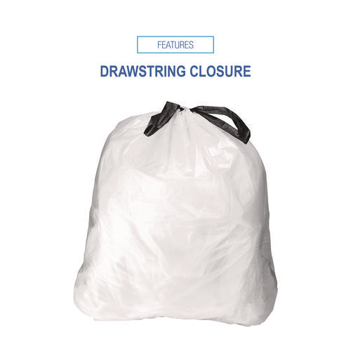 Image of Boardwalk® Drawstring Kitchen Bags, Drawstring, 13 gal, 24" x 28", White, 50 Bags/Roll, 2 Rolls/Carton