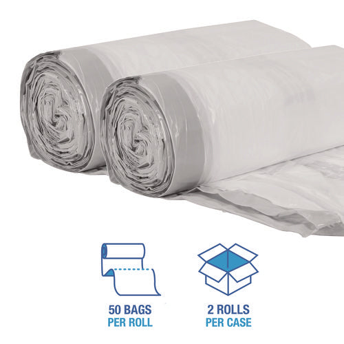 Image of Boardwalk® Drawstring Kitchen Bags, Drawstring, 13 gal, 24" x 28", White, 50 Bags/Roll, 2 Rolls/Carton
