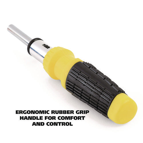 Image of Great Neck® Ratcheting Screw/Nut Driver Set, 34-Piece, Hex/Phillips/Slotted/Star Bits, Metric/SAE Sockets, 8" Long, Yellow/Black Handle