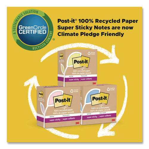 Image of Post-it® Notes Super Sticky 100% Recycled Paper Super Sticky Notes, 3" x 3", Oasis, 70 Sheets/Pad, 24 Pads/Pack