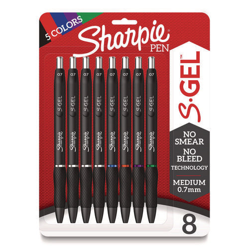 Image of Sharpie® S-Gel S-Gel High-Performance Gel Pen, Retractable, Medium 0.7 mm, Assorted Ink Colors, Black Barrel, 8/Pack