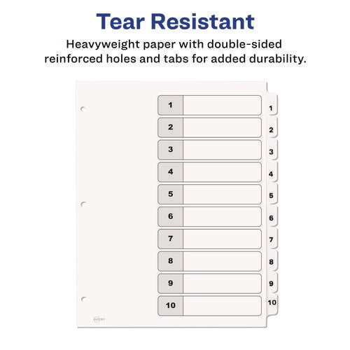 Image of Avery® customizable table of contents ready index black and white dividers, 10-tab, 1 to 10, 11 x 8.5, white, 6 sets