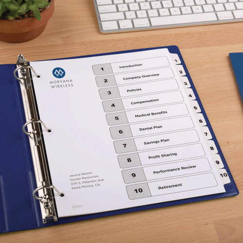 Image of Avery® customizable table of contents ready index black and white dividers, 10-tab, 1 to 10, 11 x 8.5, white, 6 sets