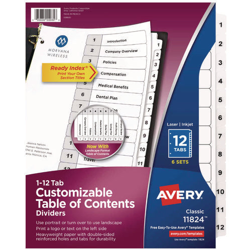 Image of Avery® Customizable Table of Contents Ready Index Black and White Dividers, 12-Tab, 1 to 12, 11 x 8.5, White, 6 Sets