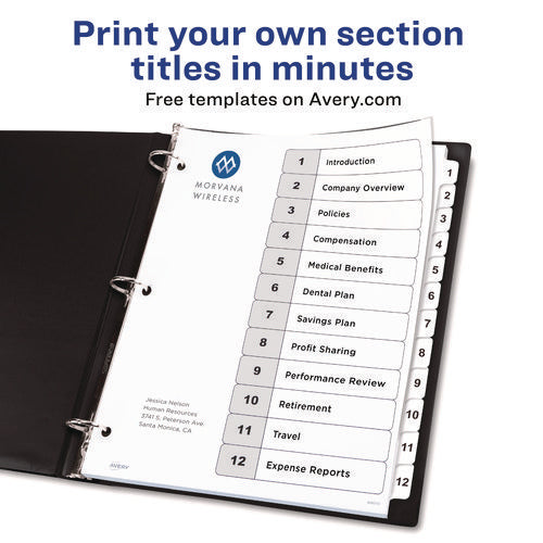Image of Avery® Customizable Table of Contents Ready Index Black and White Dividers, 12-Tab, 1 to 12, 11 x 8.5, White, 6 Sets