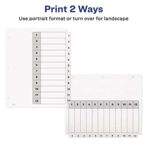 Image of Avery® Customizable Table of Contents Ready Index Black and White Dividers, 12-Tab, 1 to 12, 11 x 8.5, White, 6 Sets