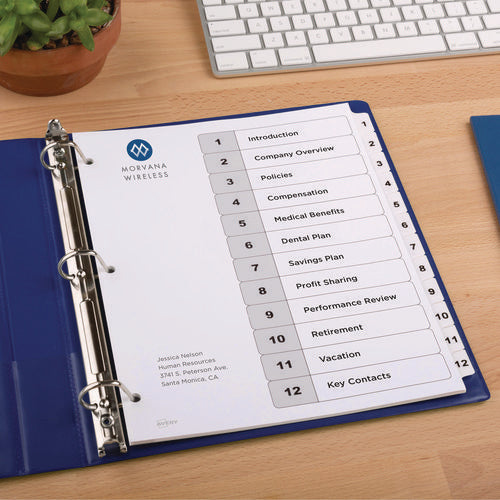 Image of Avery® Customizable Table of Contents Ready Index Black and White Dividers, 12-Tab, 1 to 12, 11 x 8.5, White, 6 Sets