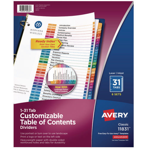 Image of Avery® customizable table of contents ready index multicolor dividers, 31-tab, 1 to 31, 11 x 8.5, white, 6 sets